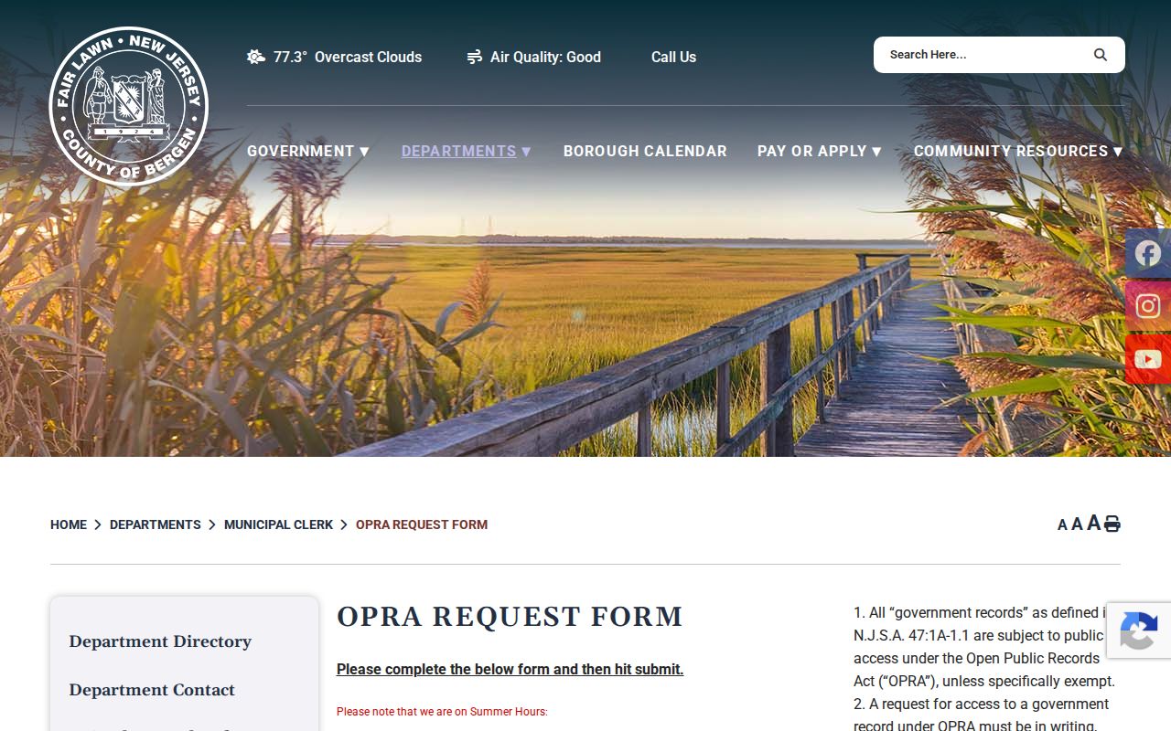Fair Lawn residents directory OPRA request form fields