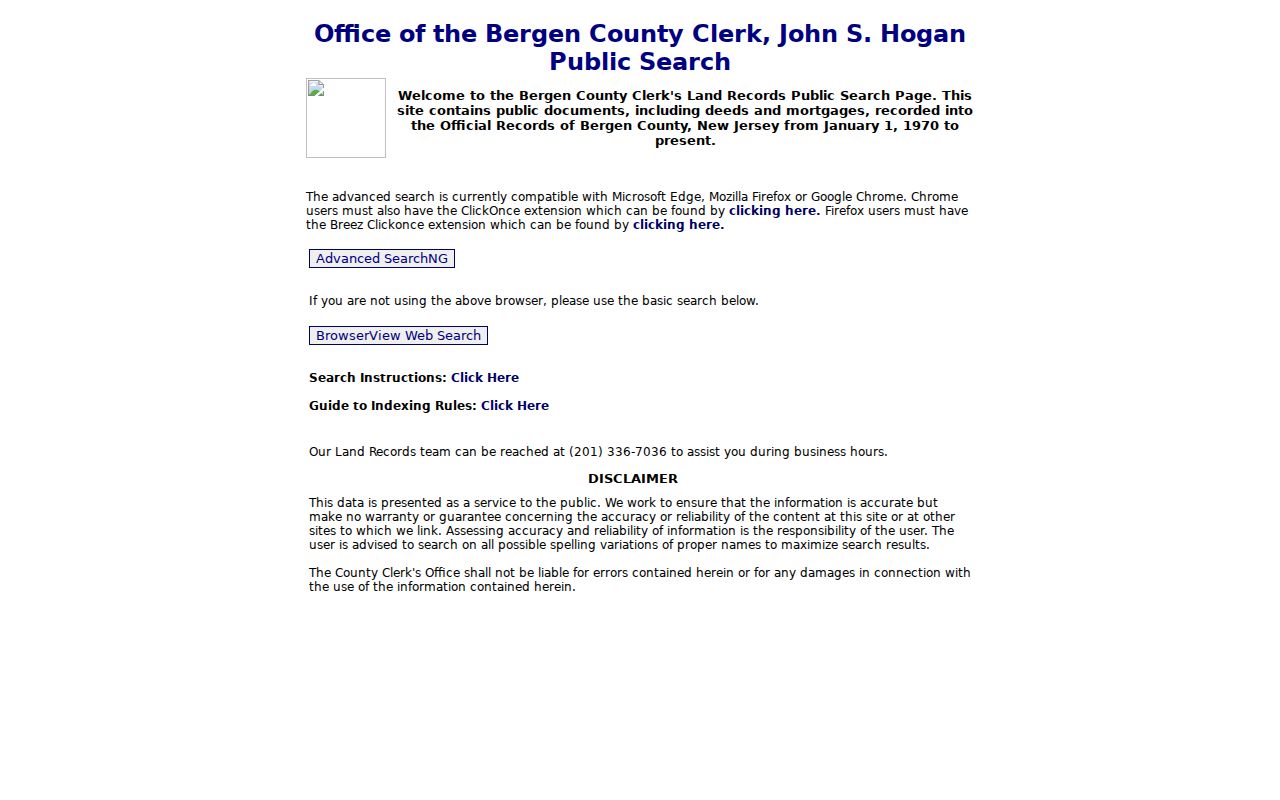 Fair Lawn street directory Bergen County Land Records Public Search screen